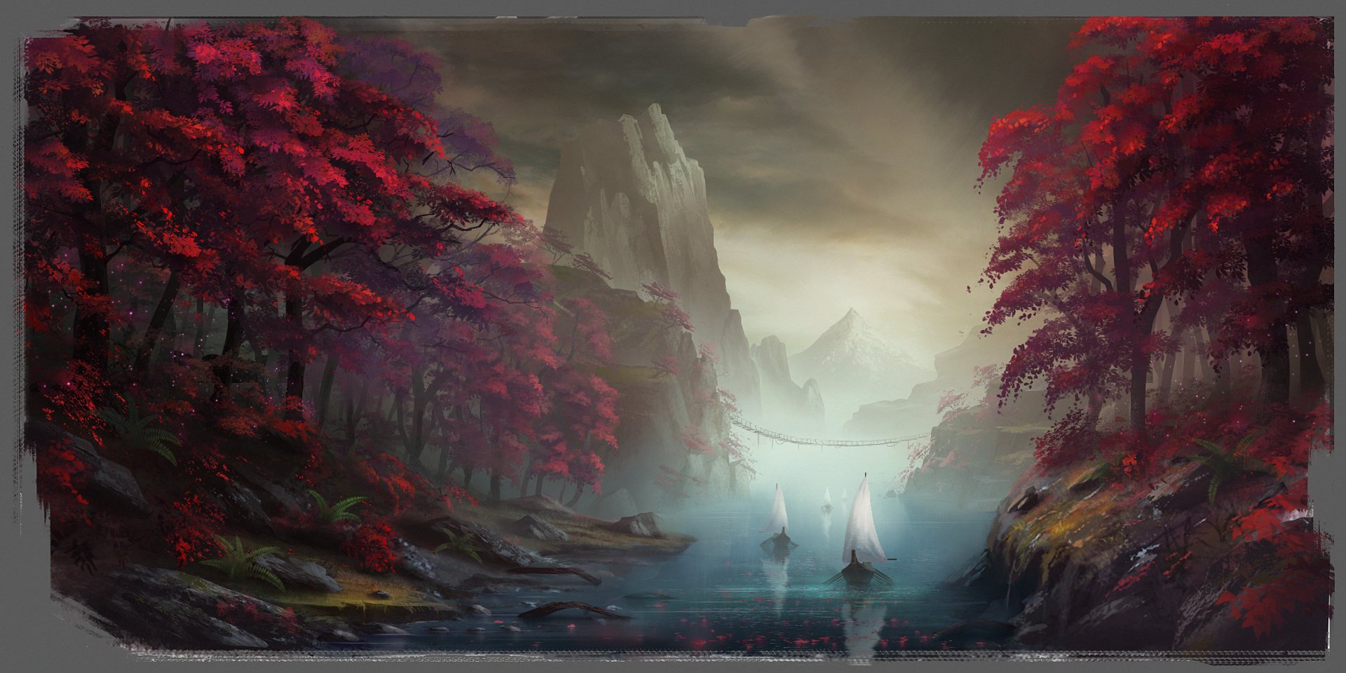 A serene anime landscape featuring vibrant red foliage, towering mountains, and misty waters, creating a captivating backdrop for an HD PC desktop wallpaper.