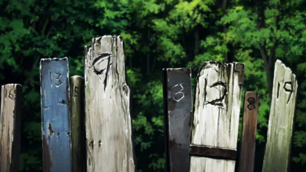 HD desktop wallpaper from the anime Zankyou No Terror, featuring numbered wooden posts amidst a lush green background, evoking a sense of mystery and intrigue.