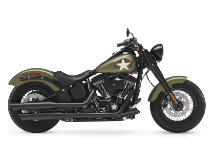 Military-green Harley-Davidson Softail Slim S motorcycle side profile on white background — HD PC desktop wallpaper/background featuring the Softail Slim vehicle.
