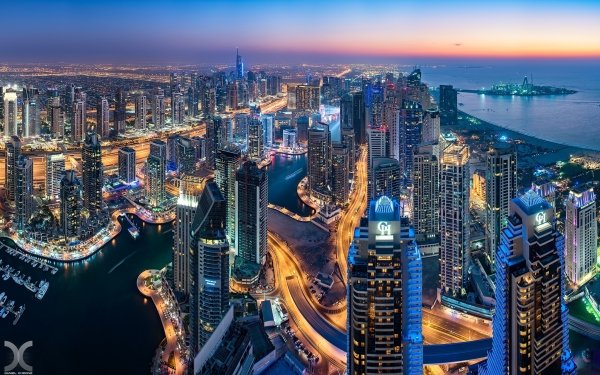 Man Made Dubai Cities United Arab Emirates City Aerial Skyscraper Building Cityscape Night HD Wallpaper | Background Image
