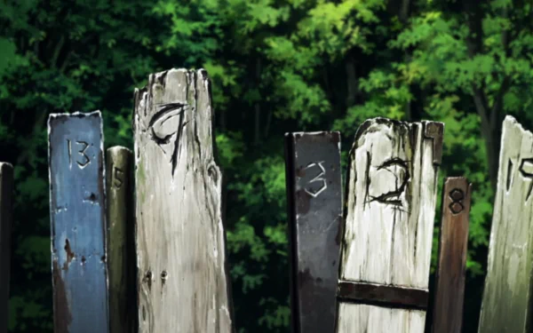 HD desktop wallpaper from the anime Zankyou No Terror, featuring numbered wooden posts amidst a lush green background, evoking a sense of mystery and intrigue.