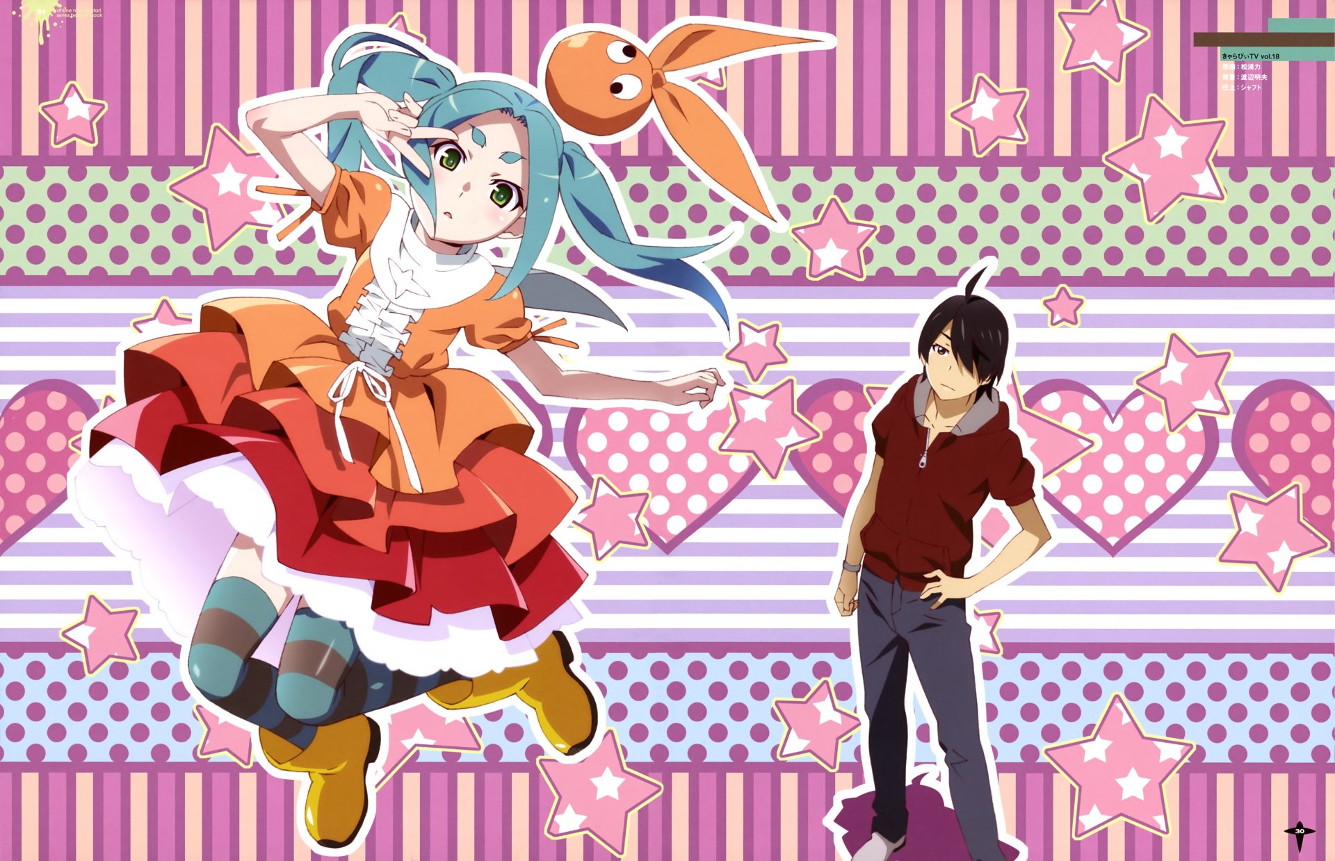 4K Ultra HD anime wallpaper featuring Koyomi Araragi with black hair and Yotsugi Ononoki from Tsukimonogatari, set against a vibrant Monogatari series-themed background.