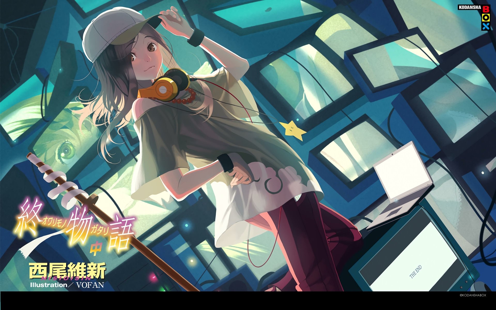 4K Ultra HD wallpaper featuring Izuko Gaen from Monogatari Series: Second Season, showcasing vibrant anime art with dynamic lighting and a futuristic backdrop.