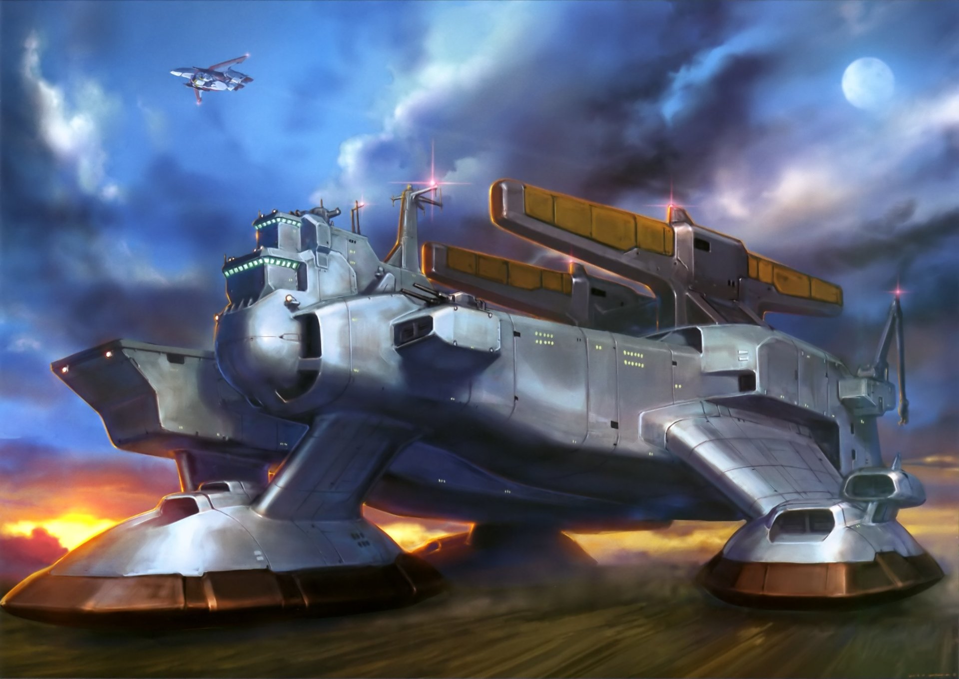 Anime art from After War Gundam X: massive armored floating warship on walking legs beneath a stormy sunset sky — 2K Quad HD PC desktop wallpaper and background.