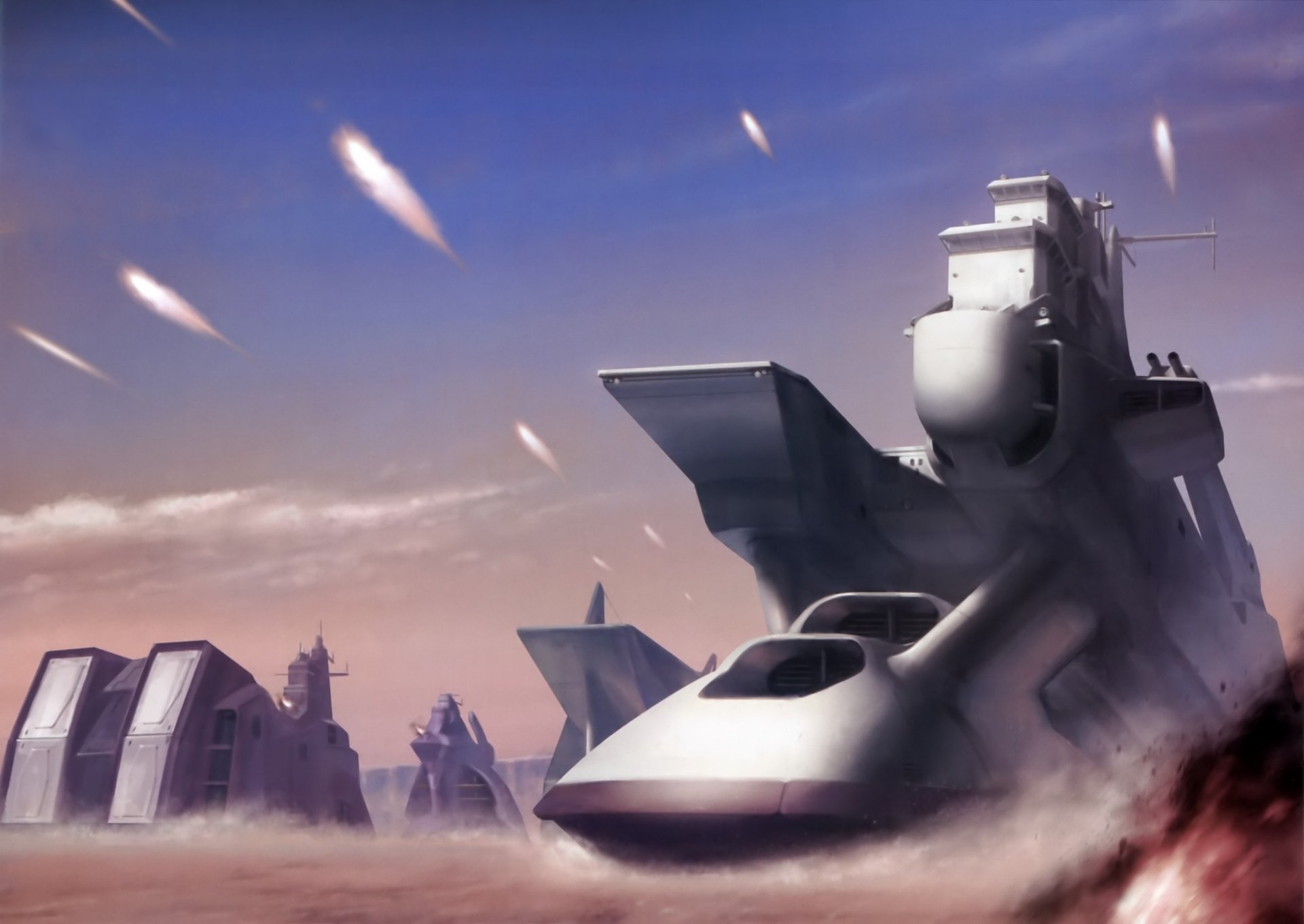 Anime After War Gundam X 2K Quad HD PC desktop wallpaper, ruined city and a grounded battleship-like mobile suit under a dusky sky with streaking projectiles.