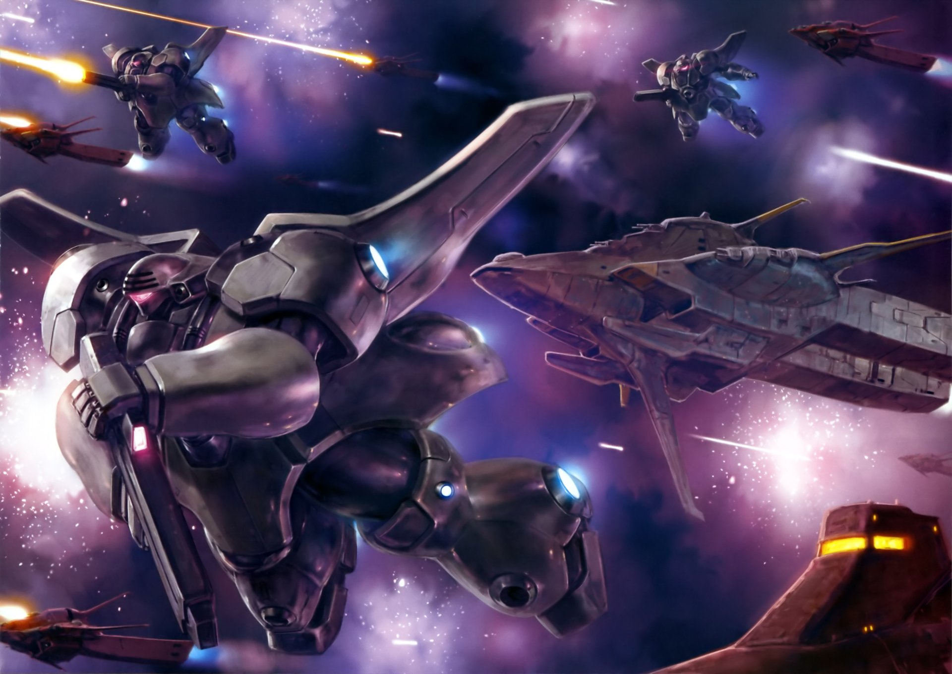 After War Gundam X anime 2K Quad HD PC desktop wallpaper: a mobile suit fires amid a purple nebula as allied mechs and warships clash in space.