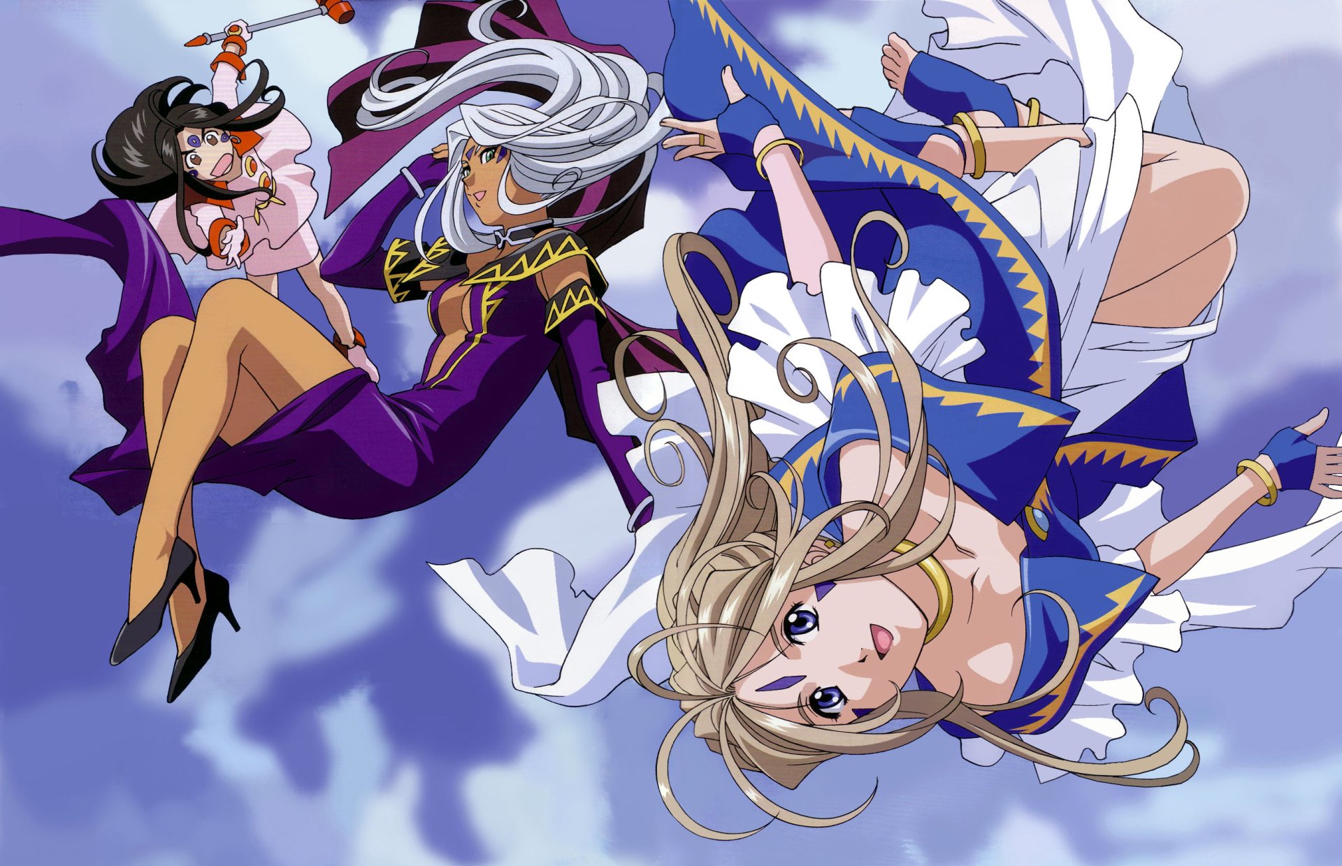 Anime HD desktop wallpaper featuring goddesses Skuld, Belldandy, and Urd from Ah! My Goddess, depicted soaring through a cloudy sky with dynamic poses and vibrant colors.