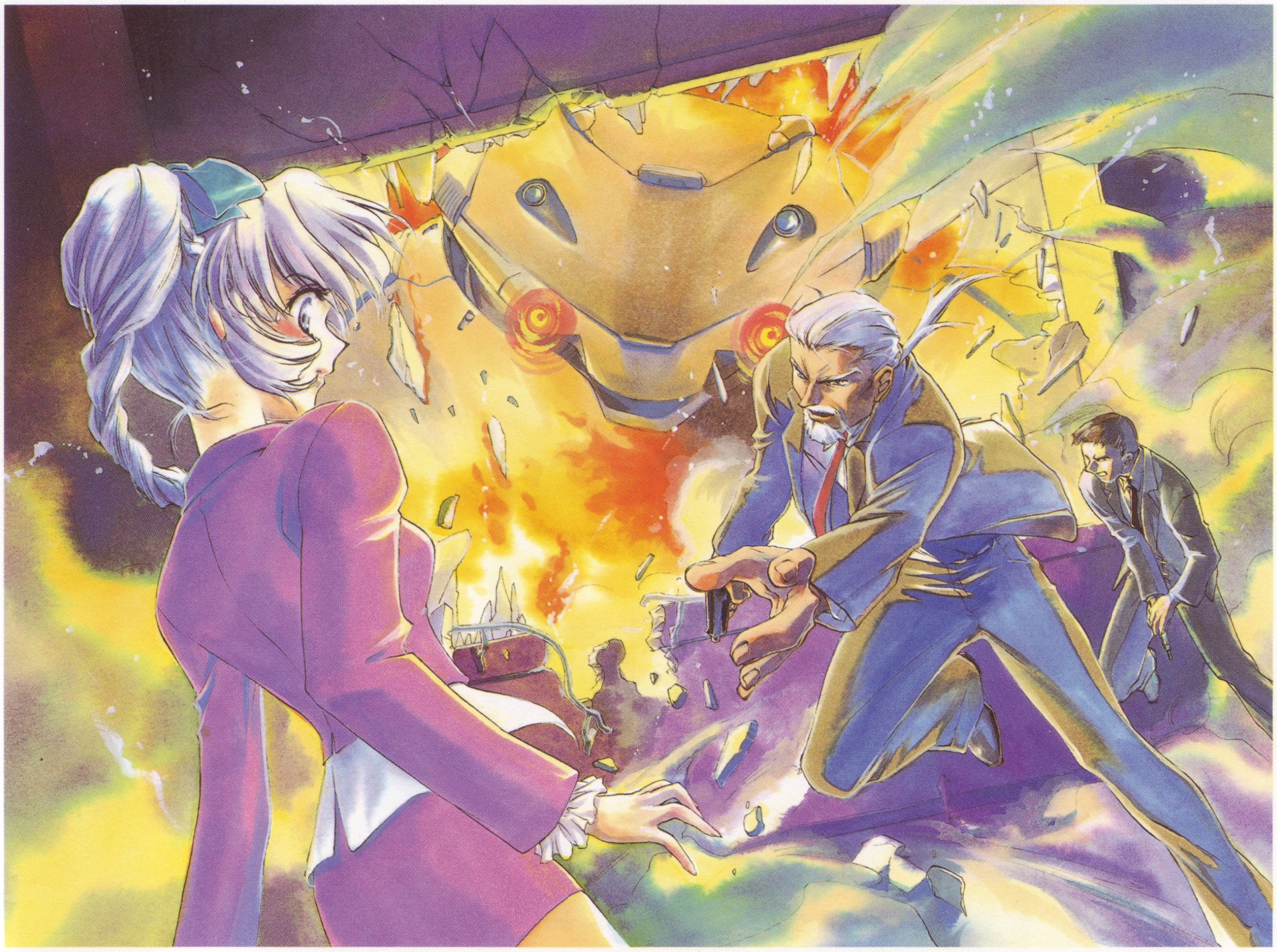 Anime - Full Metal Panic! 2K Quad HD PC desktop wallpaper and background: dynamic battle scene with a golden mecha looming above two characters amid explosions and flying debris.