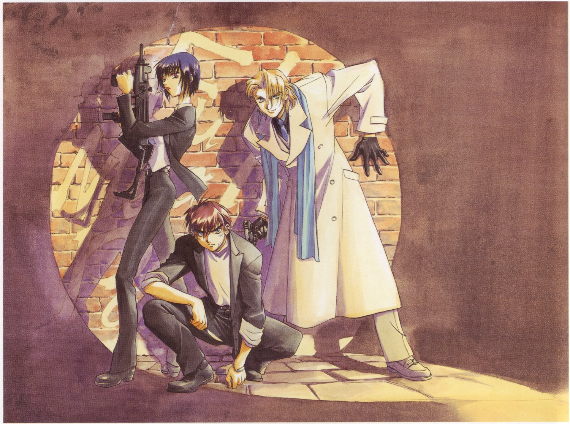 Anime 2K Quad HD PC desktop wallpaper: Full Metal Panic! trio posing against a brick wall, one kneeling with a gun, one in a trench coat, one aiming — stylized vintage watercolor palette.