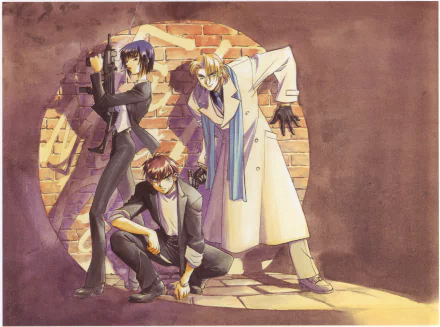 Anime 2K Quad HD PC desktop wallpaper: Full Metal Panic! trio posing against a brick wall, one kneeling with a gun, one in a trench coat, one aiming — stylized vintage watercolor palette.