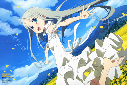 4K Ultra HD anime desktop wallpaper featuring a joyful girl from Anohana, with flowing silver hair and a white dress, set against a vibrant blue sky and yellow flower field.
