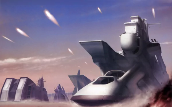 Anime After War Gundam X 2K Quad HD PC desktop wallpaper, ruined city and a grounded battleship-like mobile suit under a dusky sky with streaking projectiles.