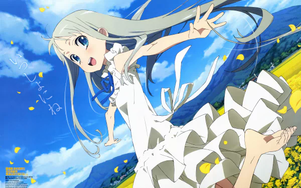 4K Ultra HD anime desktop wallpaper featuring a joyful girl from Anohana, with flowing silver hair and a white dress, set against a vibrant blue sky and yellow flower field.