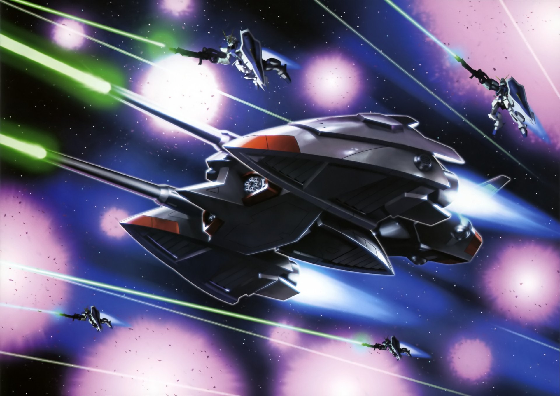 Anime Mobile Suit Gundam Seed Destiny 2K Quad HD PC desktop wallpaper: a sleek black mobile suit cruiser with escort units firing green beam weapons across a colorful starfield.