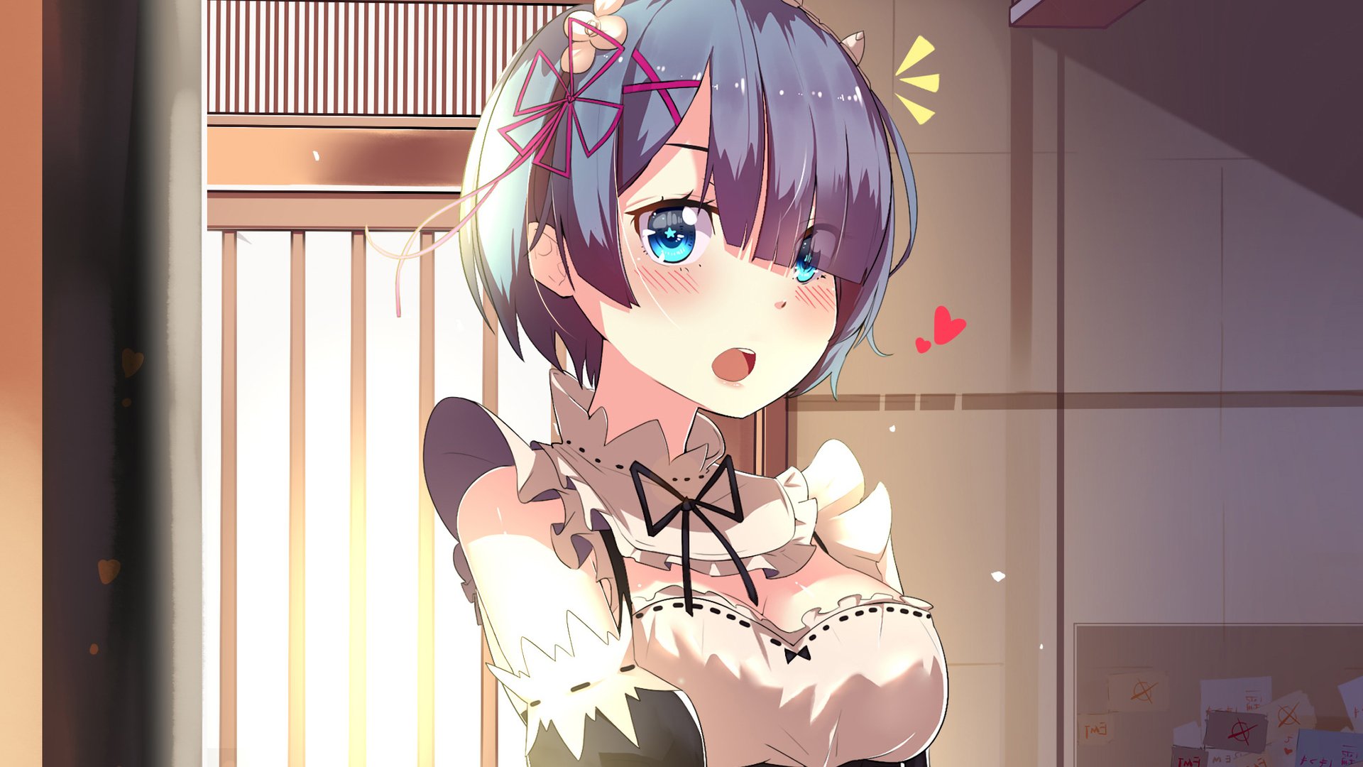 A vibrant HD wallpaper featuring Rem from *Re:ZERO - Starting Life in Another World*, showcasing her charming appearance in an elegant maid outfit.