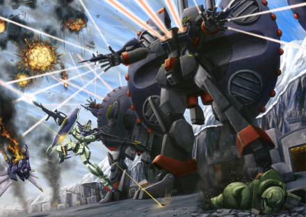HD PC desktop wallpaper featuring dynamic battle scene from anime Mobile Suit Gundam Seed Destiny, showcasing multiple mobile suits in intense aerial combat.