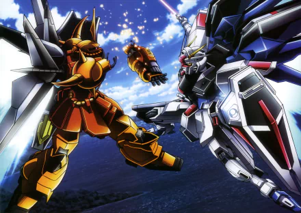 HD anime wallpaper from Mobile Suit Gundam Seed Destiny featuring two detailed Gundam mechas in dynamic midair combat against a blue sky backdrop.