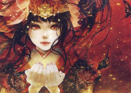 An 8K Ultra HD anime girl with dark hair and vibrant floral headpiece, holding light in her hands against a rich red and gold textured background.