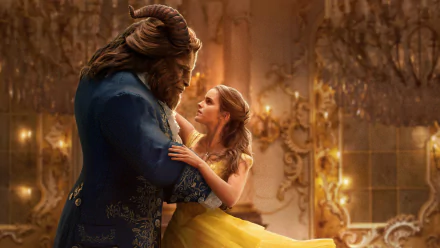 HD desktop wallpaper featuring Dan Stevens as Beast and Emma Watson as Belle in a ballroom scene from the 2017 movie Beauty and the Beast.