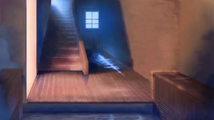HD PC desktop wallpaper — anime room with wooden floor and stairs rising to a glowing window, warm light and soft shadows.