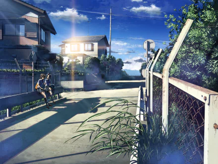 HD anime-style original artwork featuring a peaceful suburban street with two characters sitting on a bench, illuminated by warm sunlight under a clear blue sky.
