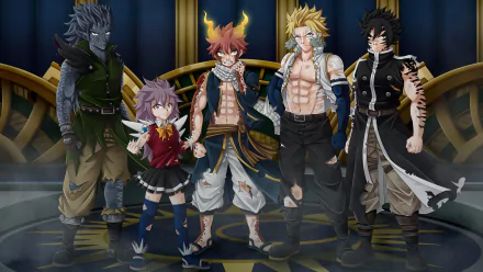 HD desktop wallpaper of Fairy Tail characters: Rogue Cheney, Sting Eucliffe, Natsu Dragneel, Wendy Marvell, and Gajeel Redfox, all standing together with a dramatic background.