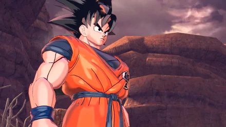HD wallpaper featuring Goku from Dragon Ball Xenoverse 2, standing confidently against a dramatic landscape, showcasing his iconic orange outfit and fierce determination.