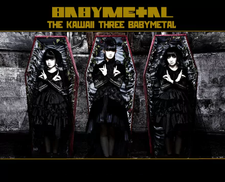 HD desktop wallpaper featuring the Japanese metal idol group Babymetal in dark, gothic attire against an industrial backdrop, blending heavy metal and oriental aesthetics.