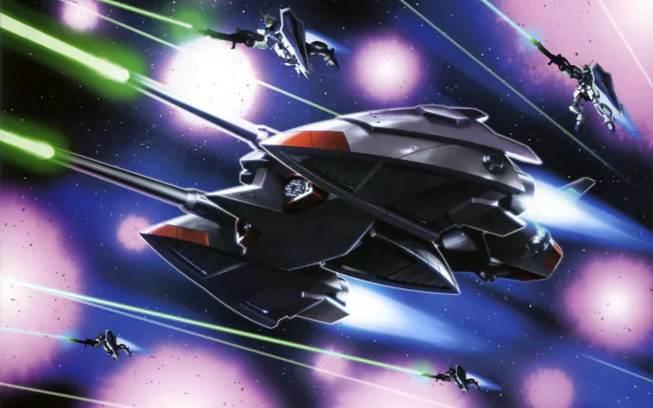 Anime Mobile Suit Gundam Seed Destiny 2K Quad HD PC desktop wallpaper: a sleek black mobile suit cruiser with escort units firing green beam weapons across a colorful starfield.