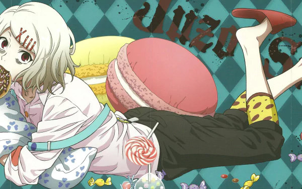 HD desktop wallpaper featuring Juuzou Suzuya from Tokyo Ghoul, playfully lounging with colorful sweets and a vibrant background, showcasing a whimsical and charming aesthetic.