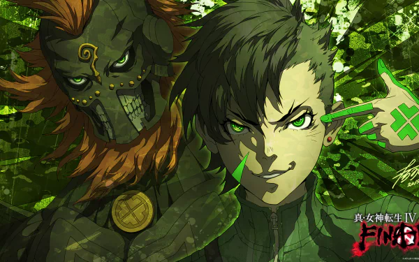 HD PC wallpaper featuring Dagda and Nanashi from the video game Shin Megami Tensei, showcasing a dynamic green-themed design with intense character expressions.