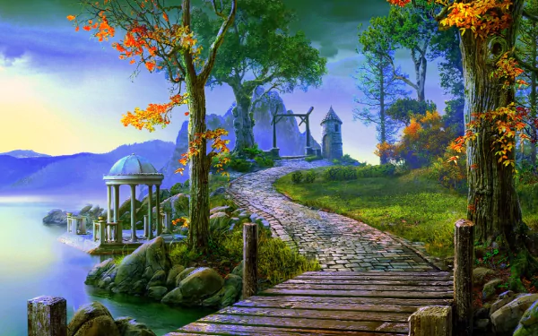 HD desktop wallpaper featuring a fantasy landscape with a cobblestone path leading to a gazebo in a fall setting. Town buildings are visible in the background, surrounded by vibrant autumn trees.