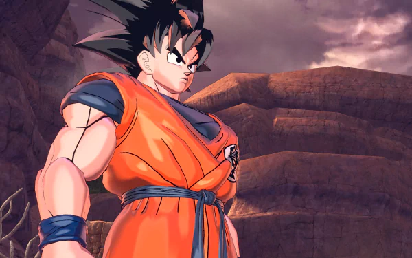 HD wallpaper featuring Goku from Dragon Ball Xenoverse 2, standing confidently against a dramatic landscape, showcasing his iconic orange outfit and fierce determination.