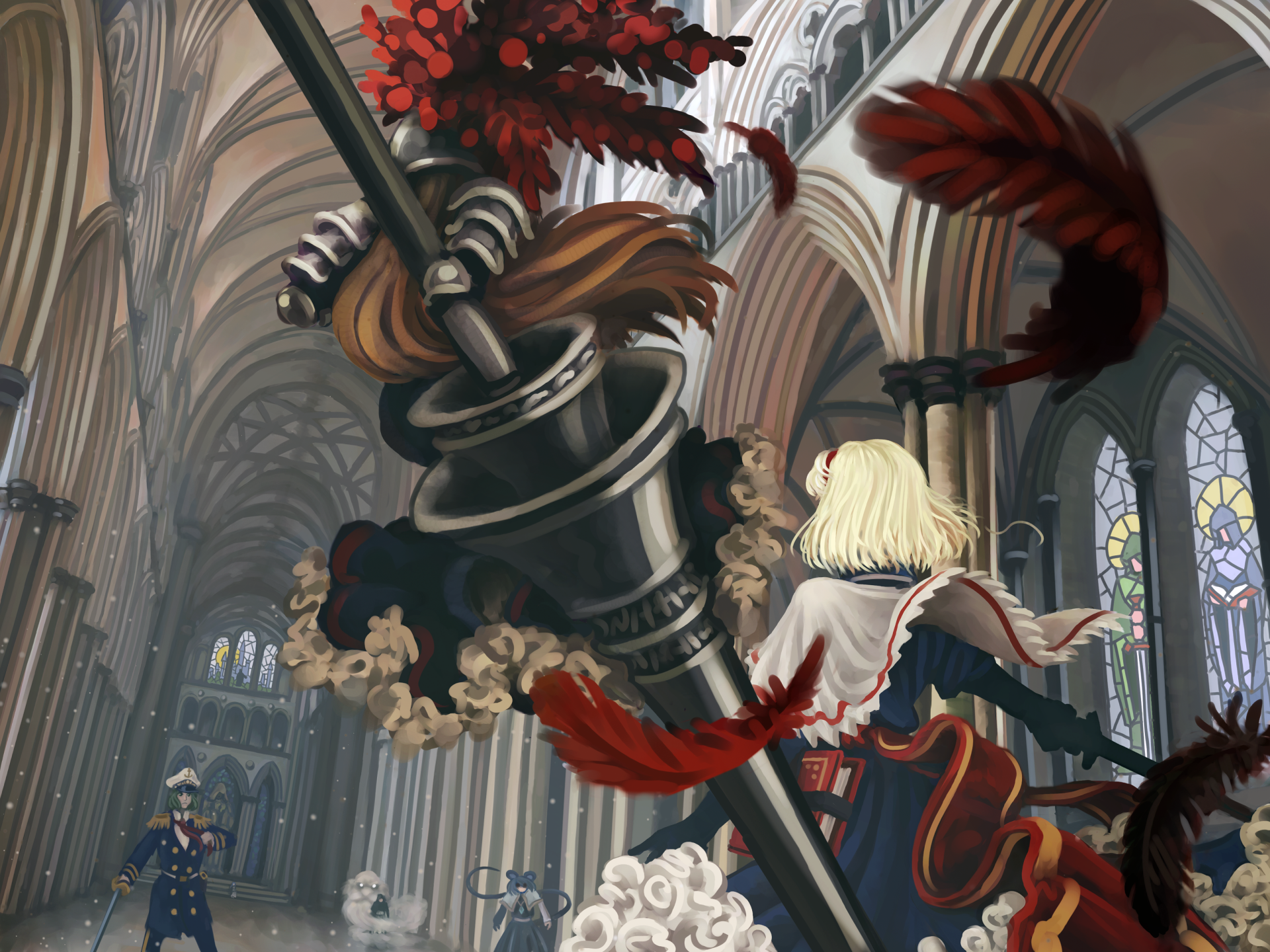2K Quad HD PC desktop wallpaper — Touhou anime scene: Ichirin Kumoi, Nazrin and Alice Margatroid in a cathedral hall, Ichirin swinging a giant fan with feathers swirling.