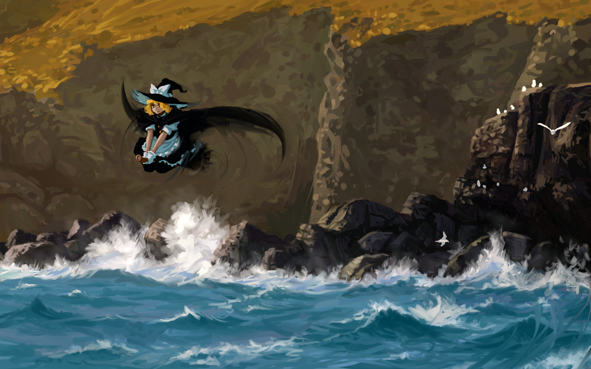 4K Ultra HD anime wallpaper featuring Marisa Kirisame from Touhou, flying above turbulent ocean waves near a rocky cliff at sunset.