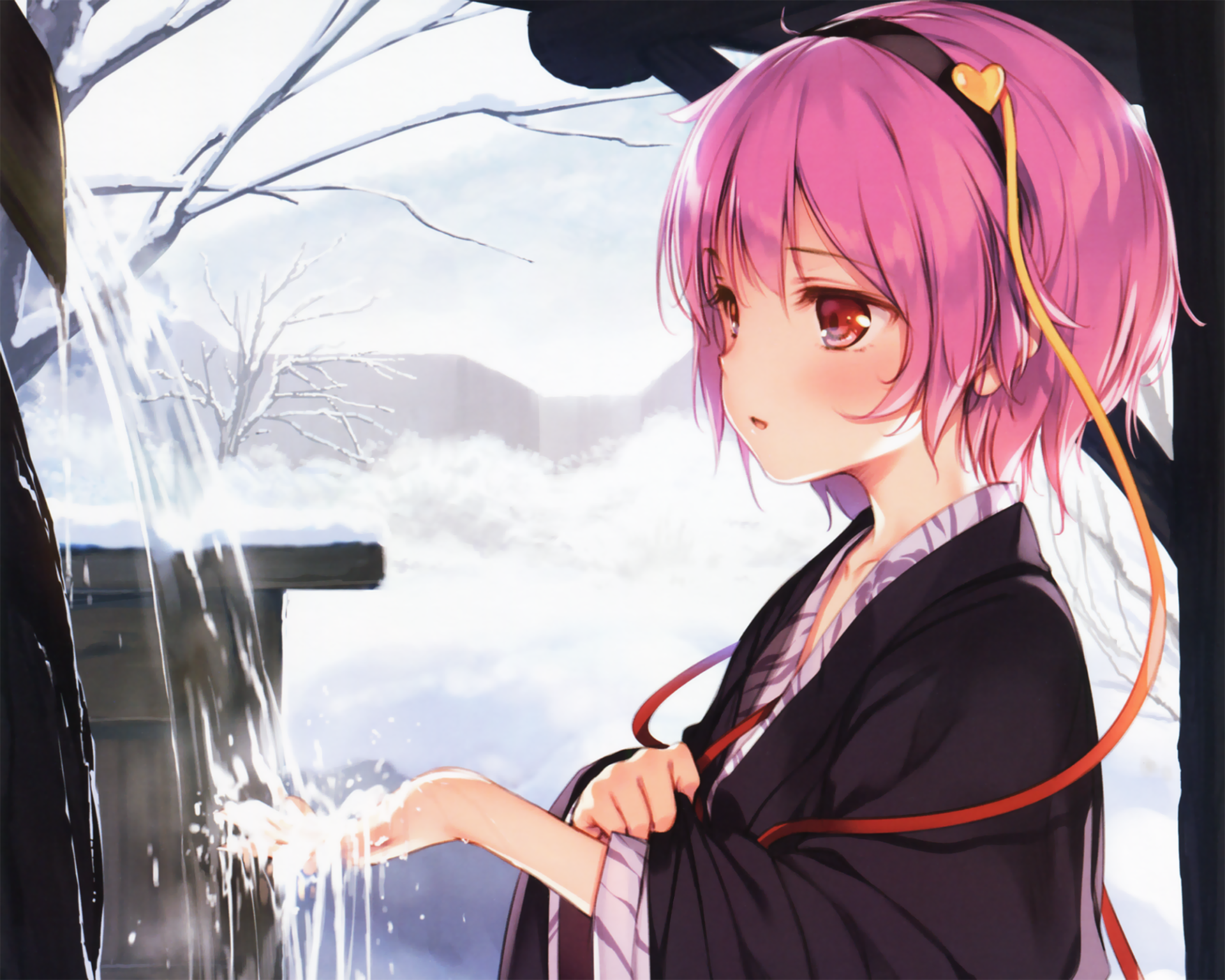 HD PC desktop wallpaper and background of Satori Komeiji, Touhou anime: pink-haired girl in a dark kimono at a snowy shrine, hand touching flowing water.