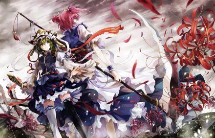 A vibrant HD desktop wallpaper featuring Komachi Onozuka and Eiki Shiki from the anime Touhou, surrounded by swirling petals and a dramatic background.