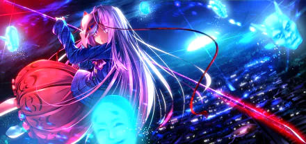 HD PC desktop wallpaper featuring Hata no Kokoro from Touhou, depicted with flowing silver hair and a glowing blue ethereal background in vibrant anime style.