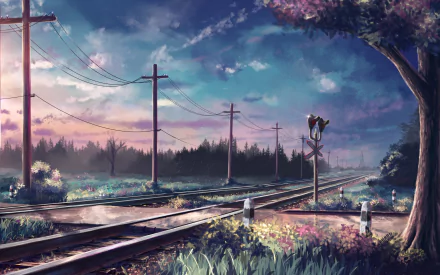 HD anime landscape wallpaper featuring a tranquil railroad scene, set against a vibrant sky with lush greenery and power lines stretching into the distance.