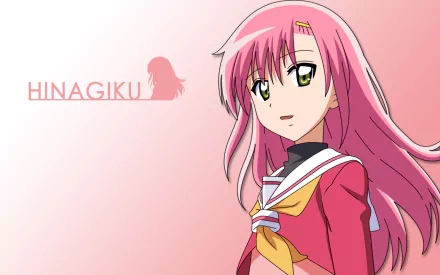 HD PC desktop wallpaper of Hinagiku from Hayate the Combat Butler: pink-haired schoolgirl in a red uniform standing against a soft pink gradient background.