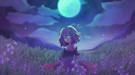 A serene anime scene featuring a character from Touhou against a moonlit backdrop, surrounded by twilight hues and gentle grass, embodying themes of melancholy in the night.