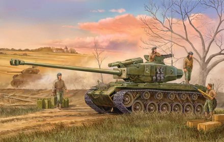 HD desktop wallpaper of an M26 Pershing tank with soldiers in a rural military setting during sunset.