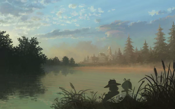 4K Ultra HD anime wallpaper featuring Suwako Moriya from Touhou, showing her silhouette by a misty lakeside with a distant village and pine trees under a cloudy sky.