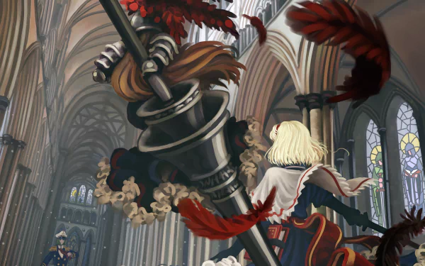 2K Quad HD PC desktop wallpaper — Touhou anime scene: Ichirin Kumoi, Nazrin and Alice Margatroid in a cathedral hall, Ichirin swinging a giant fan with feathers swirling.