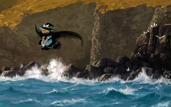 4K Ultra HD anime wallpaper featuring Marisa Kirisame from Touhou, flying above turbulent ocean waves near a rocky cliff at sunset.