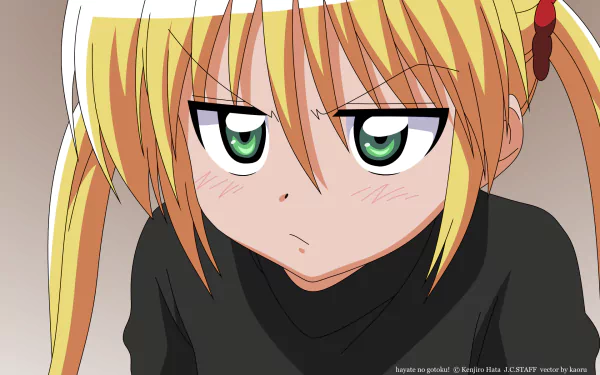 HD PC desktop wallpaper of Nagi Sanzenin from Hayate the Combat Butler — close-up anime portrait with blonde twin-tails, green eyes and a slightly pouting expression.