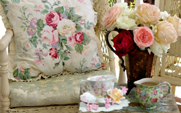 A still life composition featuring a vase of pink and white roses, an artistic pillow, a delicate cup, and a rustic chair, creating a charming, serene atmosphere.