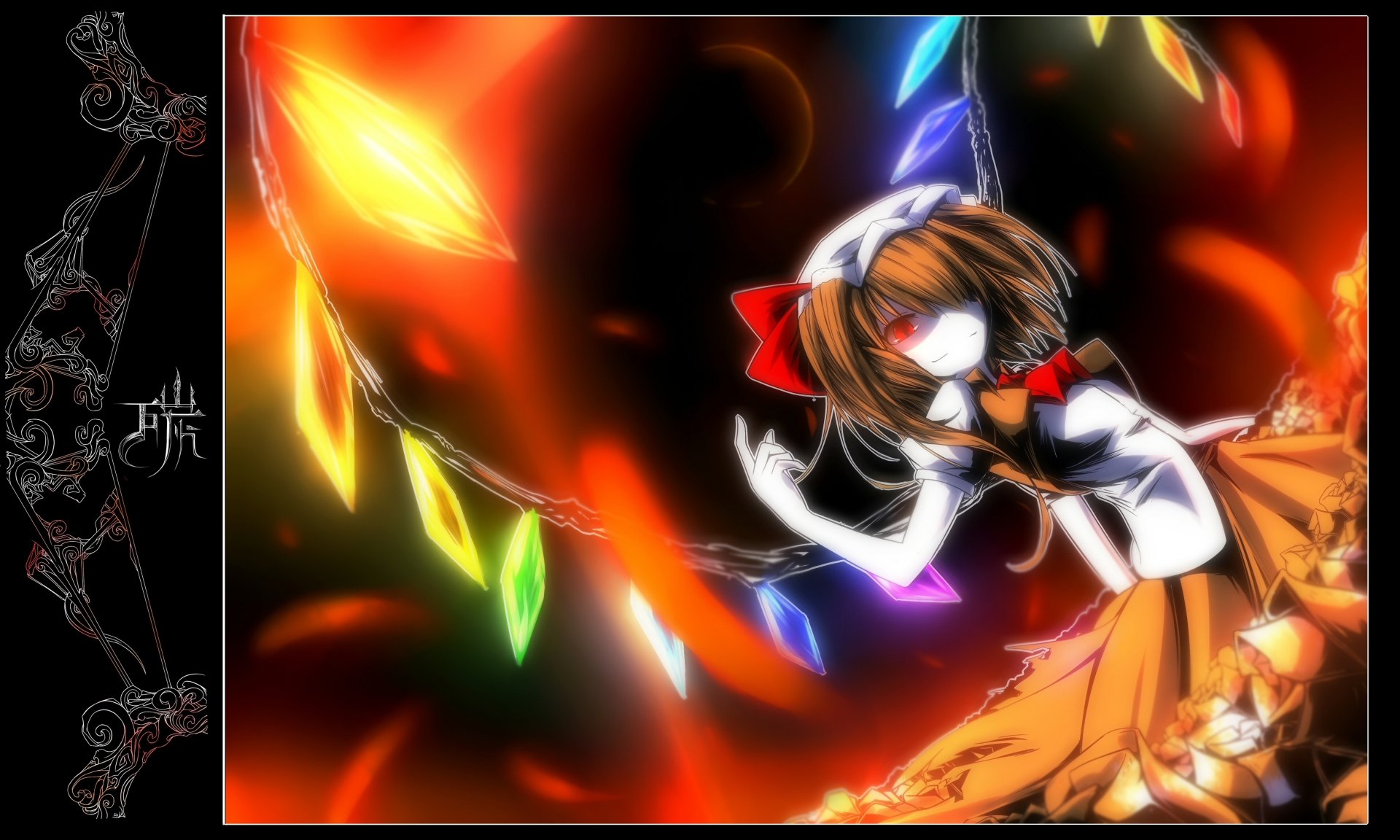 4K Ultra HD PC desktop wallpaper of Flandre Scarlet (Touhou) — anime girl with red ribbon and rainbow crystal wings floating in a fiery, cosmic scene.