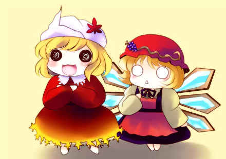 Chibi Shizuha Aki and Minoriko Aki from Touhou, colorful anime HD PC desktop wallpaper background with bright, cheerful expressions