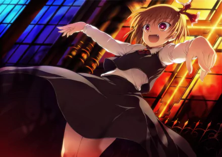 Rumia (Touhou) anime HD PC desktop wallpaper background — energetic Rumia reaching forward in a black dress against a glowing stained-glass backdrop.